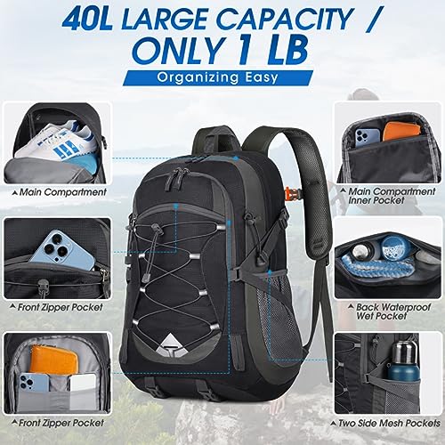 IGOLUMON Hiking Backpack 40L Packable Lightweight Camping Daypack Men Women - color: Black