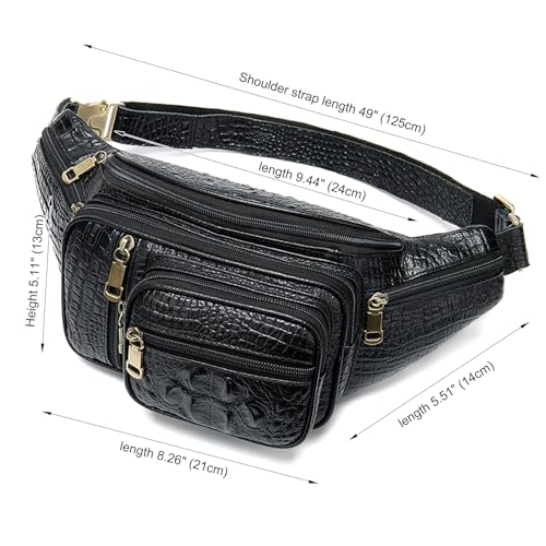 Genuine Leather Fanny Pack large capacity Crossbody Waist Bag with Zipper phone Pockets crocodile black - color: Black Croco