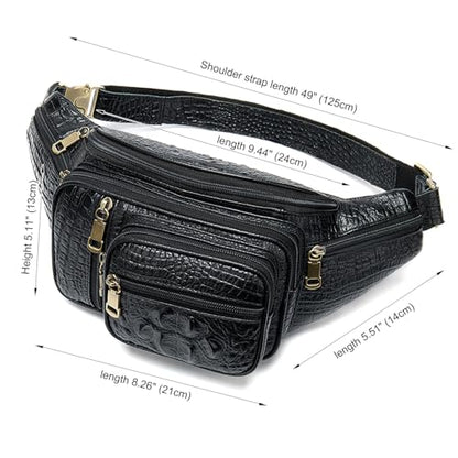 Genuine Leather Fanny Pack large capacity Crossbody Waist Bag with Zipper phone Pockets crocodile black - color: Black Croco