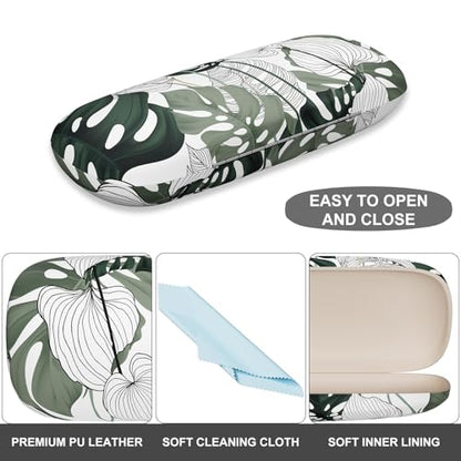 Eyeglasses Case, Portable Hard Shell Protective Case for Glasses, Eyeglass Holder Box for Women with Cleaning Cloth - color: Green Leaf
