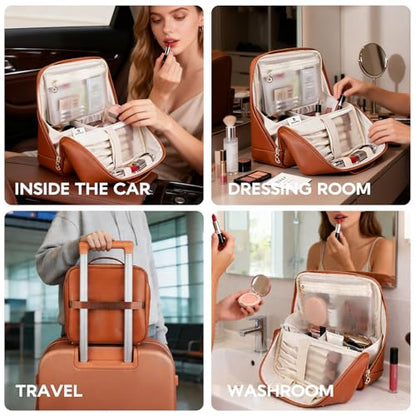 GIVLEFLY Standing Makeup Bag for Women, Large Travel Cosmetic Organizer - color: Brown