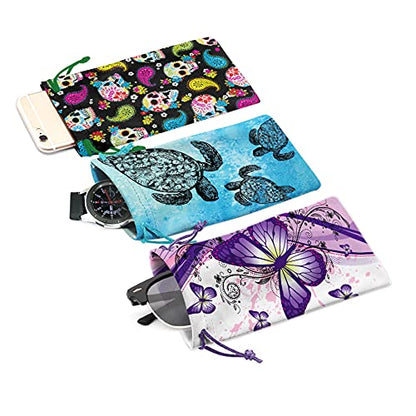 WIRESTER Set of 3 Polyester Sunglasses Pouch, Eyeglasses Soft Case with Drawstring Closure - color: Butterfly, Sea Turtles, Skulls