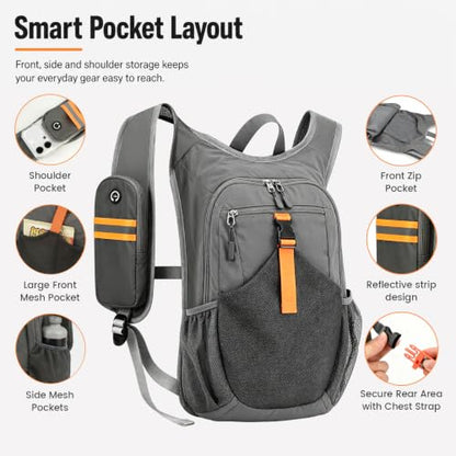 15L Small Grey Hiking Backpack, Lightweight Packable Foldable Casual Backpack for Women Men, Hiking Daypack with Shoulder Strap Pocket for Travel Camping Outdoor Commute