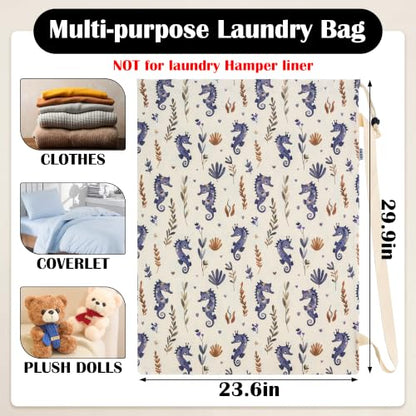 Canvas Laundry Bag with Shoulder Strap & Drawstring, 23"W x 29"H, Seahorse - color: Graceful Seahorse