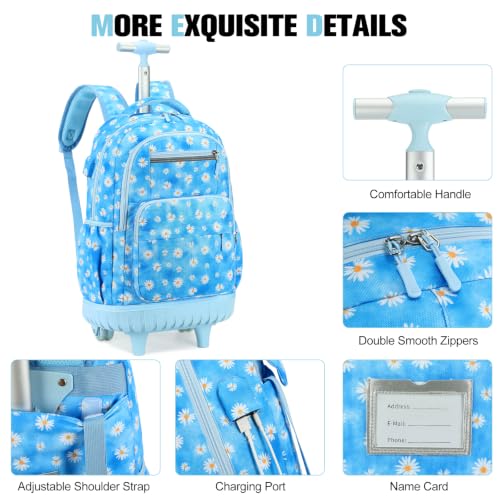ACESAK Rolling Backpack for Girls with Lunch Bag & Pencil Pouch - color: Blue Daisy