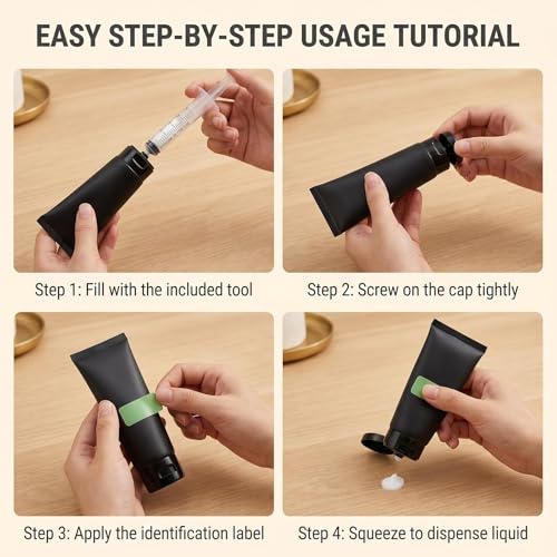 6 Pack Matte Black Empty Travel Squeeze Bottles with Flip Cap, Filling Tool & Label Stickers, Leak Proof Refillable Plastic Soft Tubes for Shampoo Lotion Toiletries Toothpaste Cosmetic (50ML/1.7oz)