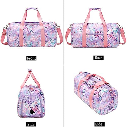 Dance Bag Girls Gymnastics Duffle with Shoe Compartment, Kids Travel Weekender Sleepover Carry On Bag (Butterfly Purple) - color: 09-Butterfly Purple