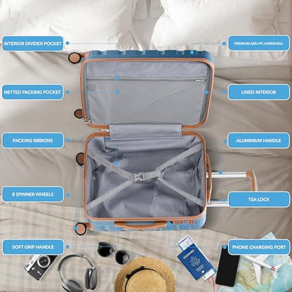 Flight Knight 22x18x10 Expandable Carry On Suitcase Hardside TSA Lock & USB C Port Lightweight Luggage Silent Double Spinner Wheels Maximum Spirit Overhead Carry-On Bag Airlines Approved Blue/Tan - color: Blue/Tan, size: 22x18x10"