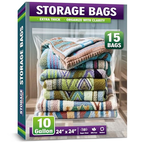 Extra Large 10 Gallon Zippered Plastic Bags for Storage- 24'' x 24'', Ideal for Clothes Clothing, Travel, Moving, 3-mil Extra Thick Clear Plastic, 15 pack - size: 10 gal-15 pack