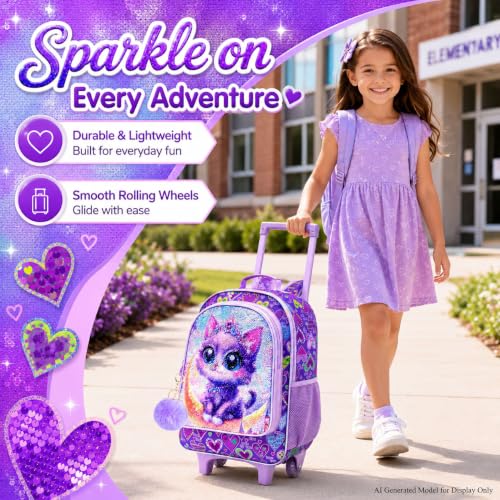 KLFVB Rolling Backpack for Girls Boys, Kids Roller Wheels School Bookbag with Lunch Bag, Wheeled School Bag for Children - color: Reversible Sequins Moon Cat Rolling Backpack Set