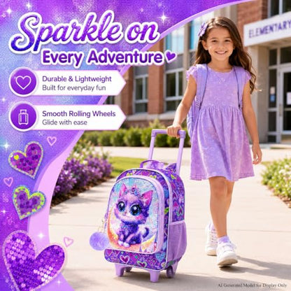 KLFVB Rolling Backpack for Girls Boys, Kids Roller Wheels School Bookbag with Lunch Bag, Wheeled School Bag for Children - color: Reversible Sequins Moon Cat Rolling Backpack Set