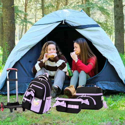 Rolling Backpack for Girls 3PCS Kids Backpack Set Cute Trolley Bags for Elementary Middle High School Wheeled Bookbags - color: 3pcs Black+purple 6 Wheels