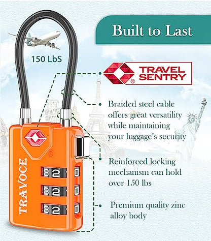 TRAVOCE TSA Approved Luggage Locks, Combination Cable Locks, Orange 2 Pack - color: Orange 2 Pack