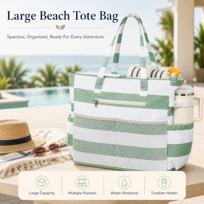 Bluboon Waterproof Beach Tote Pool Bags for Women Ladies Extra Large Carry On Bag With Wet Compartment for Weekender Travel - color: Green White Stripe 5cm