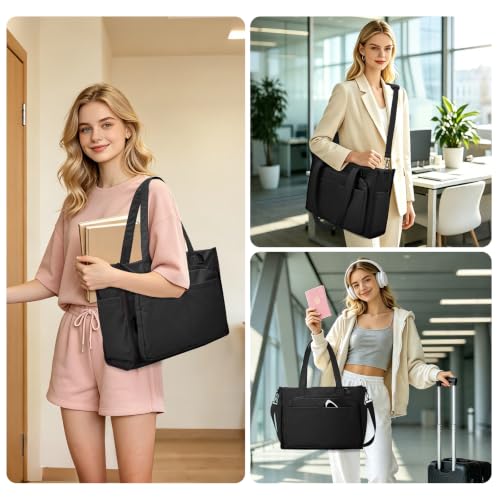 oscaurt Work Tote Bag for Women, 18 Pocket Laptop Tote, 15.6" Compartment - color: Black