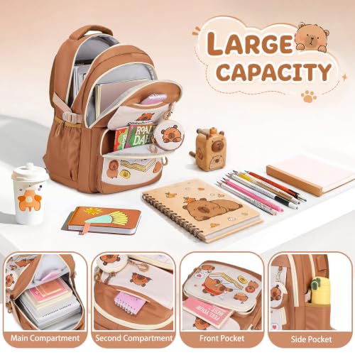 4PCS Capybara Theme Backpack for Girls with Wired Headphones | with Lunch Box & Pencil Case, Cute Girls Backpack Kawaii Bookbag for Girls Kingdergarten Teens Elementary School Student - color: Khaki