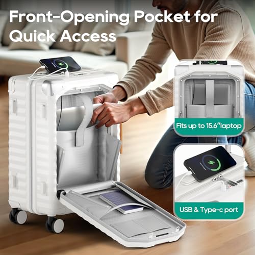 Joyway 20 Inch Carry on Luggage with Front Pocket and Cup Holder, White - color: White