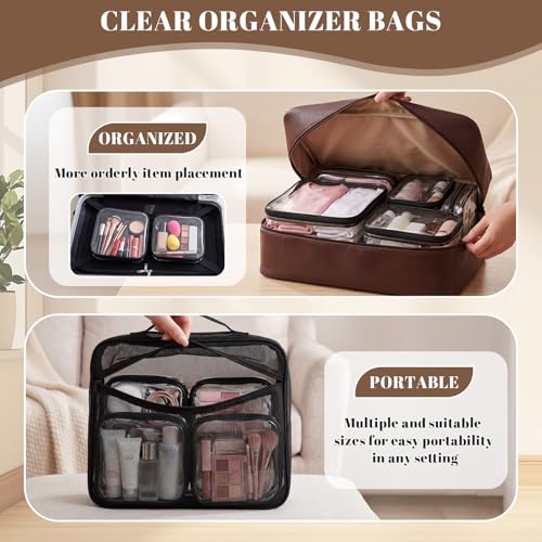 12 Pack Clear Hard Shell Zipper Case with 40 Labels, X-Large/Medium/Small Stackable Clear Pouches, Crush-resistant Travel Toiletry Bag Organizer for Makeup Board Games Electronics (Black) - color: Black