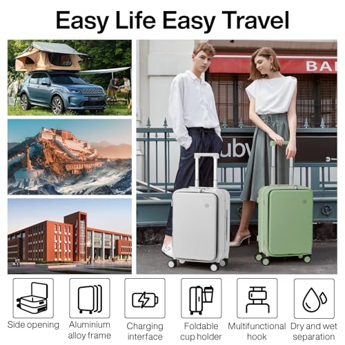 mixi Carry On Luggage with Cup Phone Holder and Charger Hard Shell Suitcases with Spinner Wheels, 20 Inch Avocado Green - color: Avocado green, size: 20-inch