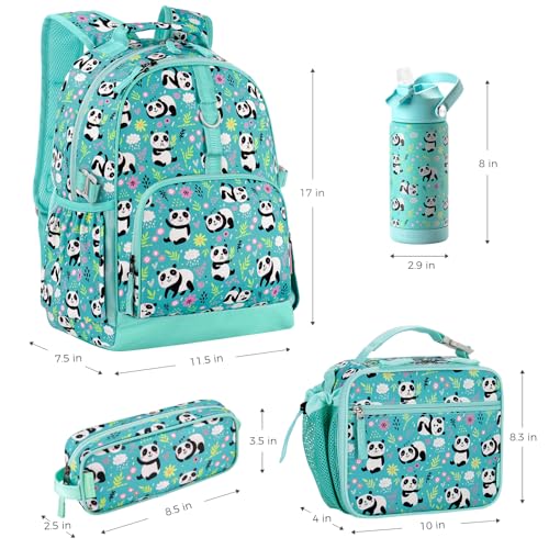 Choco Mocha Panda Backpack Set Kids Backpacks for Girls, Girls Backpack with Lunch Box & Water Bottle, Elementary School Bookbag Age 6-8 17 Inch, Green - color: Panda Green