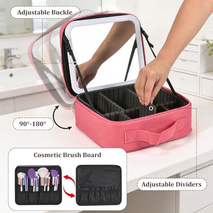Travel Makeup Bag with Mirror & 8 Adjustable EVA Dividers, Rose Red - color: Rose Red-8 Dividers