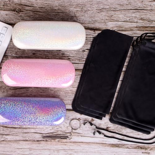 ADBGV 3Pcs Unisex Hard Shell Eyeglasses Cases, Protective Case For Glasses,Sunglasses Case with Cleaning Cloth - color: A_purple+pink+white