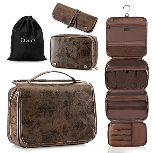 Elviros Hanging Toiletry Bag Removable Travel Bag PU leather Makeup Cosmetic Organizer Kit, Coffee - color: Coffee, size: 1 Pack