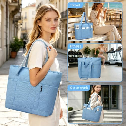 Large Canvas Tote Bag for Women, Beach Bag with Zipper, Utility Tote Bag with 3 Front Pockets, Weekender Pool Bag - color: Blue
