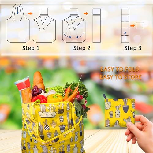 Reusable Grocery Bags, 6 Pack Foldable Shopping Bags Colorful Printed - color: Lemon 6 Pack