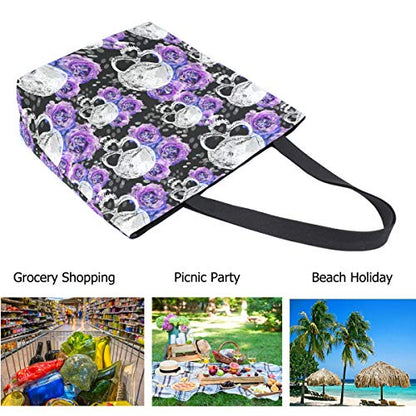 Woman's Violet Flowers and Skulls Pattern Large Canvas Long Handle Tote Bag | Fashion & Casual,with Zipper Pocket,for Gym Reusable Grocery Bags Shopping Daily Weekender,Beach Travel Gifts for Men Women - style: Flowers&skulls