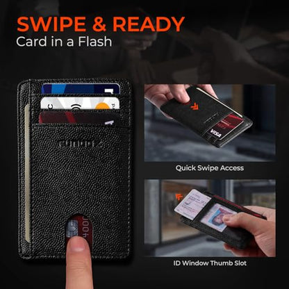 RUNBOX Slim Wallet for Men and Women, RFID Blocking Leather Card Holder - color: Leather Black