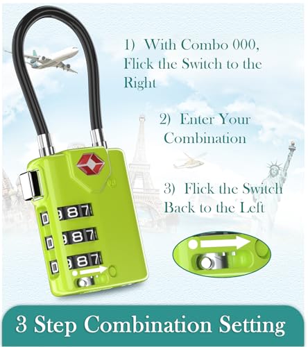 TSA Approved Luggage Locks, Combination Cable Locks, 4 Pack, Lime | Search Alert shows TSA key access; resettable 3-digit code and flexible braided steel cable for suitcases and backpacks. - color: Lime 4 Pack