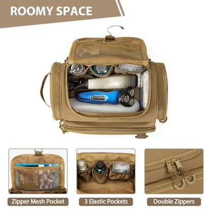 Tactical Toiletry Bag for Men, Hanging Hygiene Bag, Travel Dopp Kit - color: Khaki