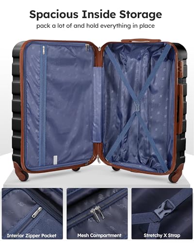Suitour 4 Piece Luggage Set, Carry on Suitcase with ABS hardshell,Spinner Wheels & TSA Lock (16"/20"/24"/28") - color: Black Brown, size: 4-Piece Set