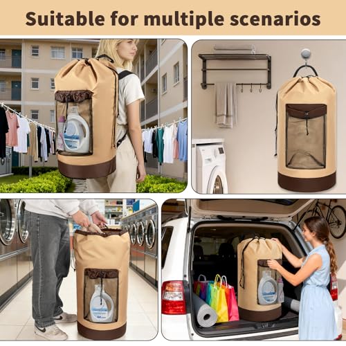 150L Laundry Bag Backpack with 3 Sizes Mesh Wash Bags and Shoulder Straps - color: Khaki, size: 150L