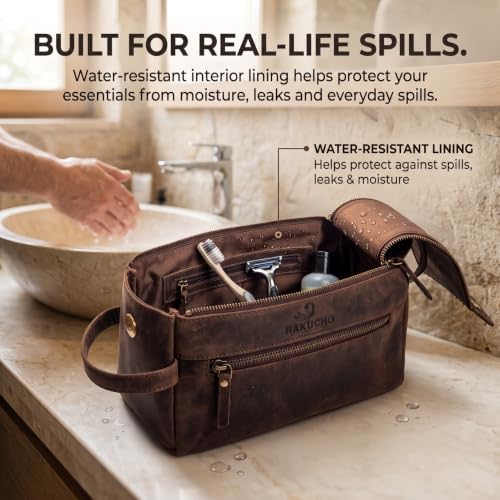 Full Grain Leather Toiletry Bag for Men & Women, Dark Brown - color: Brown