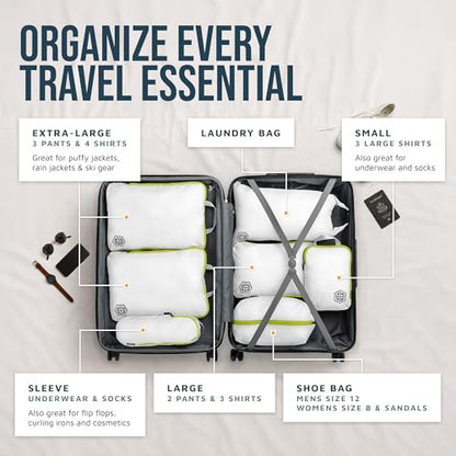 TRIPPED Travel Gear Large Compression Packing Cubes 7-Piece Set for Travel - color: White/Green