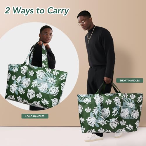 KALIDI 60L Extra Large Beach Tote Oversized Bag Zipper Utility Weekender - color: Green Leaf