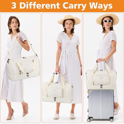 TIBES Travel Weekender Bag for Women, Overnight Bag with Shoe Compartment - color: Light Khaki
