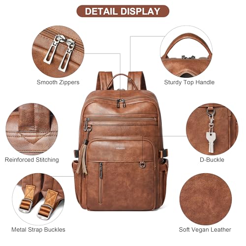 Shrrie 17 Inch Leather Laptop Backpack for Women with Giant Tumbler Holders - color: Caramel Brown