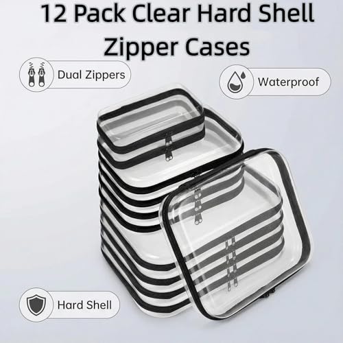 12 Pack Clear Hard Shell Zipper Case (4 Large 4 Small & 4 Medium), Hard Plastic Organizer Pouches for Travel (4L+4M+4S(Black)) - size: 4L+4M+4S(Black)