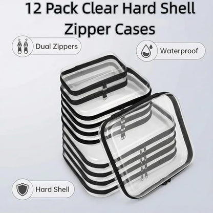12 Pack Clear Hard Shell Zipper Case (4 Large 4 Small & 4 Medium), Hard Plastic Organizer Pouches for Travel (4L+4M+4S(Black)) - size: 4L+4M+4S(Black)