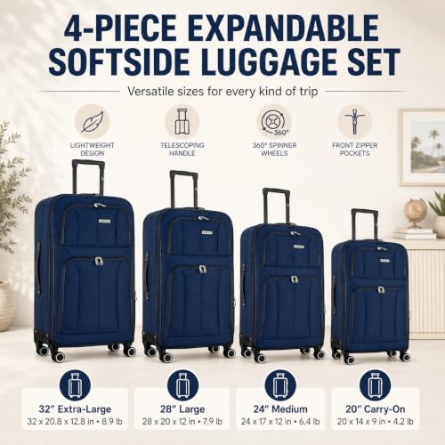 Mirage Grace 4 Piece Expandable Softside Luggage Set, Navy - color: Navy