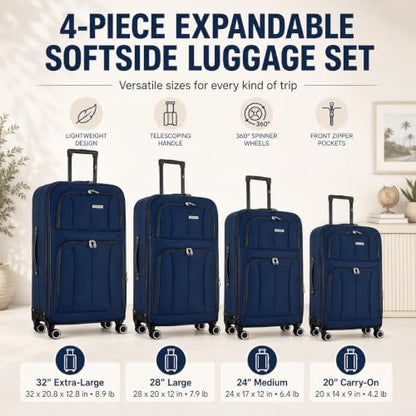 Mirage Grace 4 Piece Expandable Softside Luggage Set, Navy - color: Navy