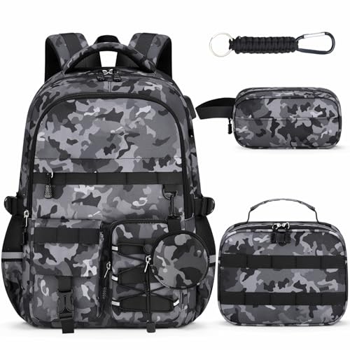 School Backpack for Boys - 5pcs Camo Boys Backpack with Lunch Box Set for Kids Teens Elementary Middle High School,18″ Large Capacity Students Bookbag - color: Black-backpack Set