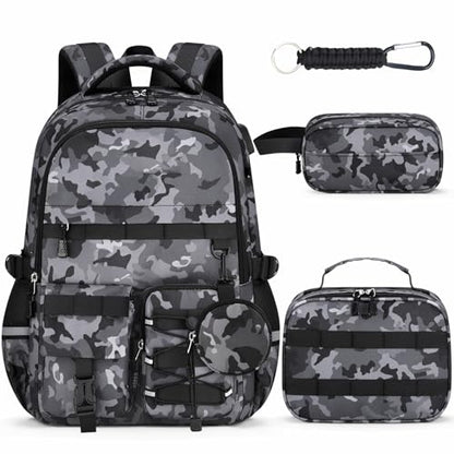 School Backpack for Boys - 5pcs Camo Boys Backpack with Lunch Box Set for Kids Teens Elementary Middle High School,18″ Large Capacity Students Bookbag - color: Black-backpack Set