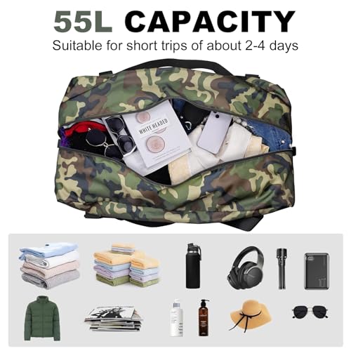 HOLYLUCK Foldable Travel Duffel Bag Luggage Great for Gym -55L, Green Camo - color: Green Camo, size: 55L