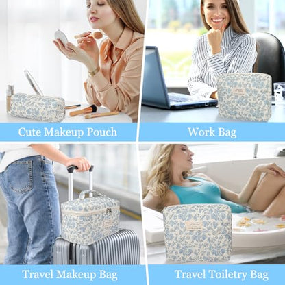 Gosect Makeup Bag Set, Quilted Makeup Bag, Large Floral Cosmetic Bag for Women, Cute Cotton Makeup Bags, Flower Travel Toiletry Organizer Bag (Blue Rose) - color: LMG
