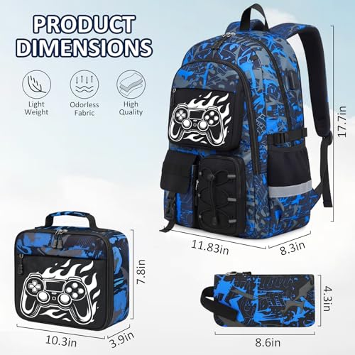 School Backpack for Boys - 4pcs Gamer Boys Backpack with Lunch Box Set for Kids Teens Elementary Middle High School,18″ Large Capacity Students Bookbag with Usb Charging Port & Key-chain - color: Blue-game03-set