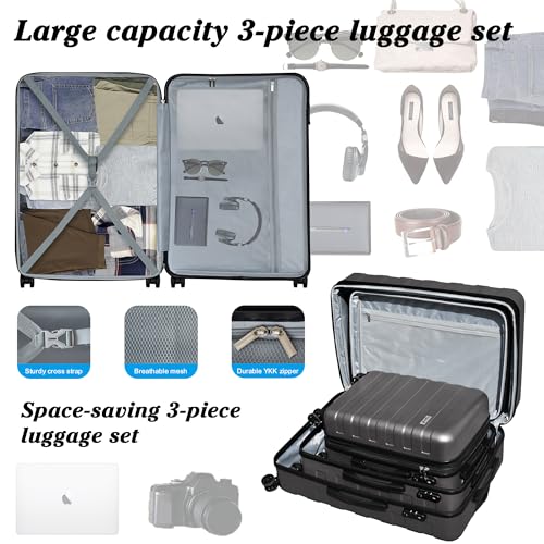 KEYTANG Zebra Luggage Sets 3 Piece, 20" Carry On Luggage with Spinner Wheels, Hardside Business Travel Suitcase Set with TSA Lock, Lightweight Suitcase,20/24/28 inch,Grey - color: Grey, size: 555-3PCS